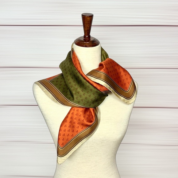 Vintage Daniel La Foret Twill Silk Scarf Geometric Patchwork Orange Green Cream - Picture 4 of 7